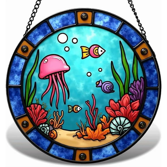Stained Glass Window Hanging Suncatcher, Ocean Themed Sun Catcher for Window Decoration, Round Beach Home Decor Nautical Gift for Women, Mom 008 (6.3IN)