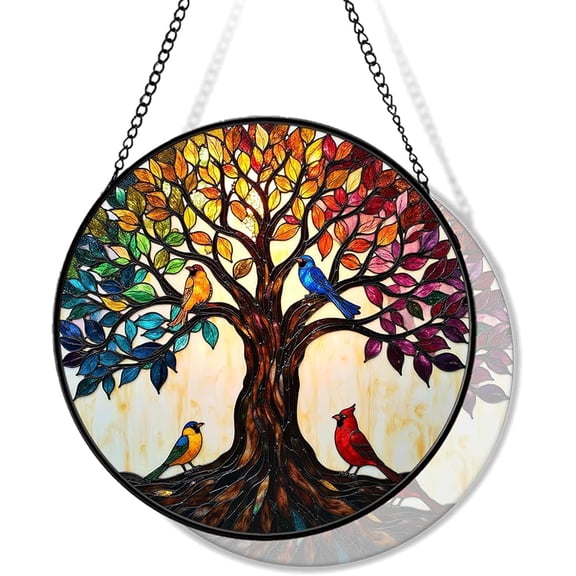 Tree of Life Stained Glass Suncatcher for Window Hanging, Round Suncatcher for Window Decoration, Colorful Tree Wall Art Decor Gift for Thanksgiving, Christmas T012 (6.3IN)