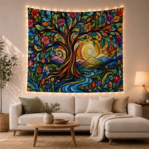 Tree of Life Stained Glass in Sunset River Valley, Calming Boho Nature Wall Art for Art Lovers, Mystical Landscape Decor Housewarming Gift, Tapestry Wall Hanging for Bedroom and Living Room