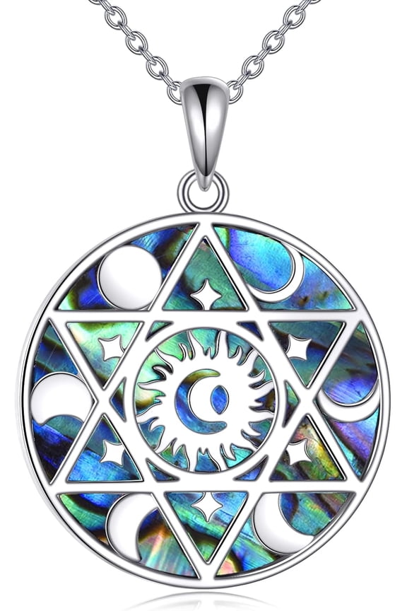 Tree of Life/Star of David/Pentagram Necklace Sterling Silver Abalone Shell Moon Phase/Evil Eye Tree of Life/Pagan Wiccan Magic Amulet Jewelry for Men Women