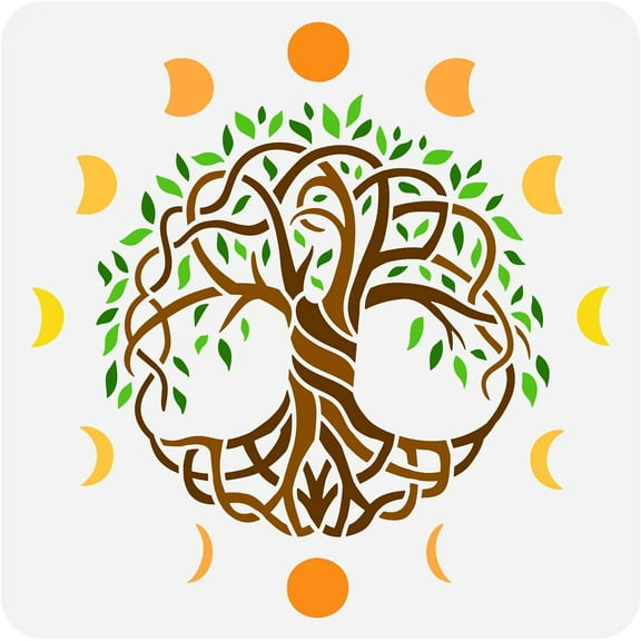 Tree of Life Stencil 11.8x11.8inch Reusable Moon Phase Painting Template Life Tree Stencil for DIY Decoration DIY Art Spring Plants Theme Stencil for DIY Painting on Wall Wood Furniture