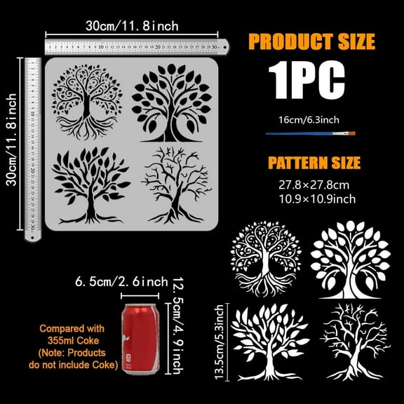 Tree of Life Stencil with a Paint Brush 11.8x11.8Inch 4 Style Tree Pattern Painting Stencils Lush Tree Drawing Template PET Tree Leaves Stencil Plant Themes Template for Wall Fabric DIY