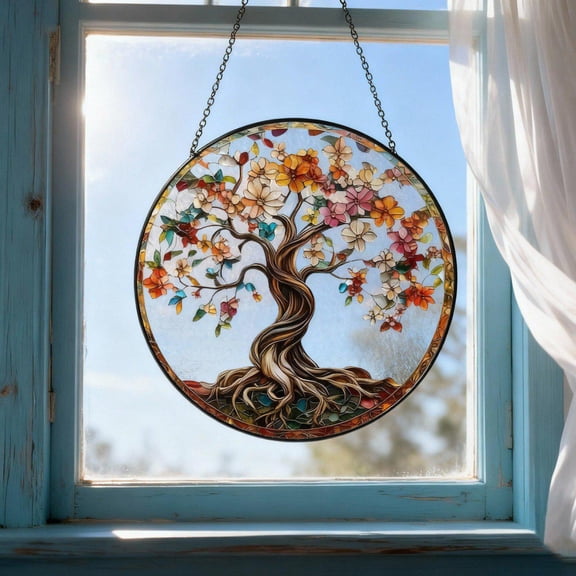 Tree Of Life Suncatcher, Glass Style Tree Window Hanging, Acrylic Or Glass Suncatcher, Colorful Floral Tree Sun Catcher, Suncatcher Window Hanging, 3.5 in