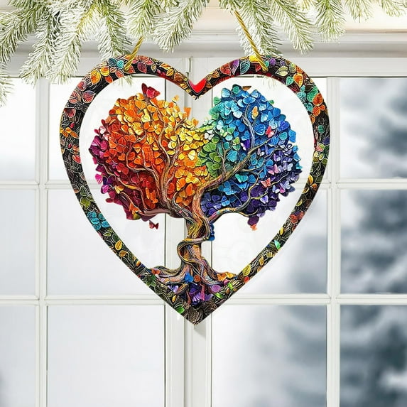 Tree Of Life Suncatcher, Heart Shaped Window Hanging, Solar Powered Colorful Glass Ornament, Indoor Outdoor Decor, Easy To Install, 5.9 Inch Diameter, Nature Inspired Gift