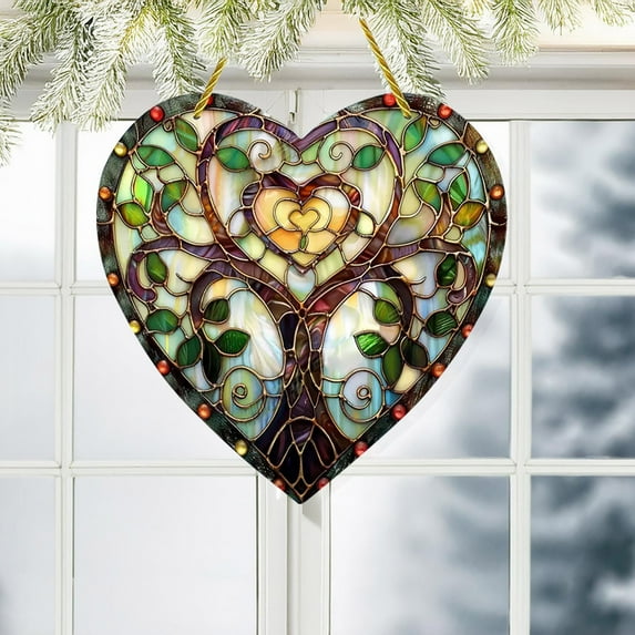Tree Of Life Suncatcher, Heart Shaped Window Hanging, Solar Powered Colorful Glass Ornament, Indoor Outdoor Decor, Easy To Install, 5.9 Inch Diameter, Nature Inspired Gift