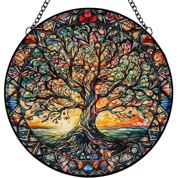 Tree of Life Suncatcher Indoor/Outdoor Stained Glass Window Hanging - Handmade Stained Glass Suncatchers for Windows Hanging - Decoration for Home Garden Christmas Party Wedding Housewarming Gifts