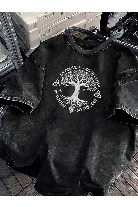 Tree of Life As Above So Below T-Shirt Men - Vintage Acid Washed Tee, Comfortable Casual Short Sleeve Shirt, Fashion Spiritual Graphic Top for Summer Outdoor Daily Wear