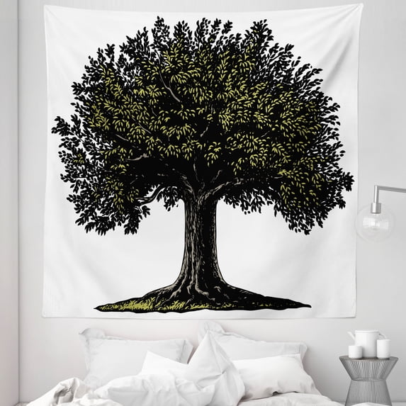Tree of Life Tapestry, Digital Design of Mature Fruit Tree in Retro Engraving Style King of Forest, Fabric Wall Hanging Decor for Bedroom Living Room Dorm, 5 Sizes, Brown Green, by Ambesonne