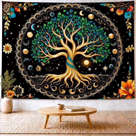 Tree of Life Tapestry Moon Phase Nature Flower Plant Tapestry Wall Hanging Boho Mandala Spiritual Sun Aesthetic Psychedelic Headboard for Bedroom Living Room Home Decor 30x40in