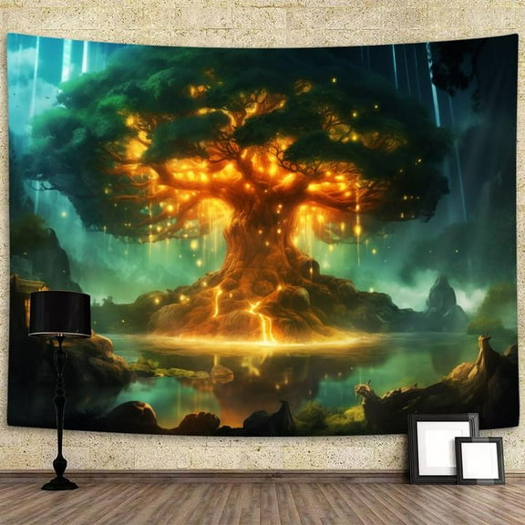 Tree of Life Tapestry, Mysterious Fantasy Wishing Tree Tapestry, Aesthetic Art Background Wall, Green Jungle Natural Scenery Boho Art Suitable for Living Room Bedroom Dorm Home Decoration 80X60IN