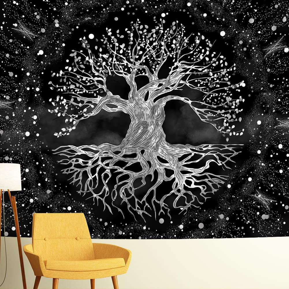 Tree of Life Tapestry Wall Hanging Bohemian Hippie Wishing Tree Black