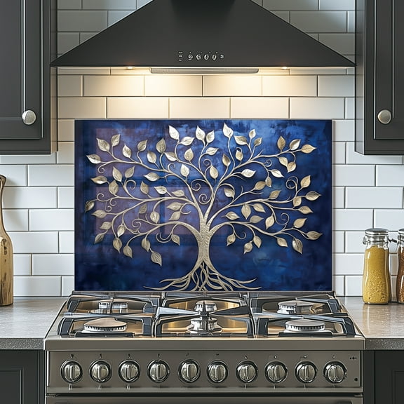 Tree of Life Tempered Glass Backsplash For Kitchen Behind Stove,Stove Back Top Cover,Easy to Clean Glass Splashback, Sink Cover Splash Guard,Home Kitchen Wall Decor