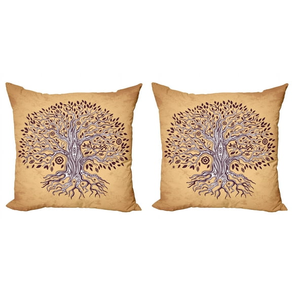 Ambesonne Tree Throw Pillow Cover 2 Pack, Vintage Swirls, 18", Cream Brown