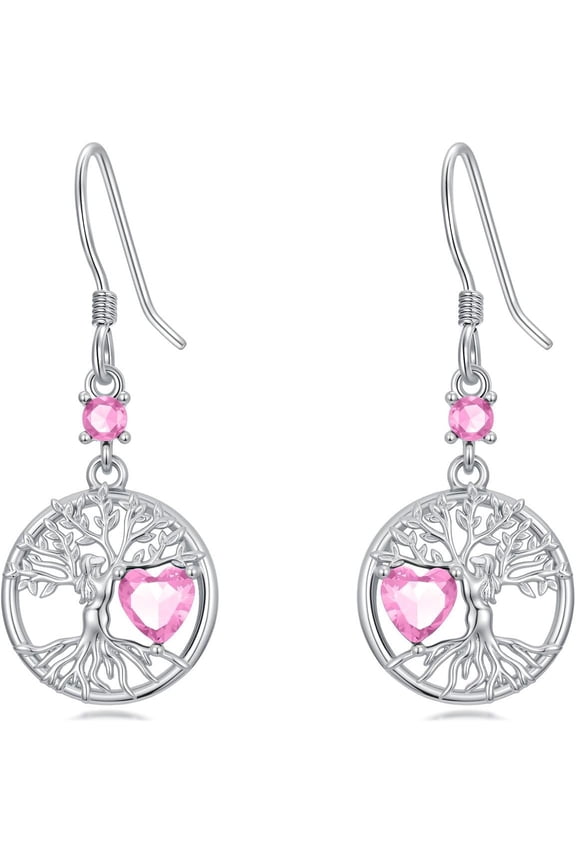 Tree of Life Tourmaline Birthstone Earrings 925 Sterling Silver Tree of Life Dangle Drop Earrings with October Birthstone Good Luck Jewelry Gifts for Women Mom Her