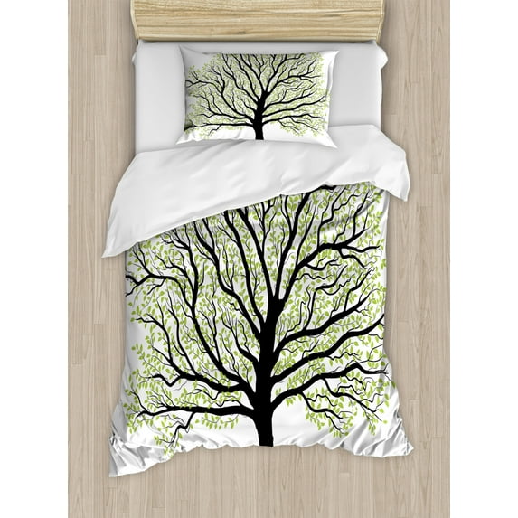 Tree of Life Twin Size Duvet Cover Set, Big Old Lush Tree with Lot of Leaves and Branches Nature Growth Eco Art, Decorative 2 Piece Bedding Set with 1 Pillow Sham, Black White Green, by Ambesonne
