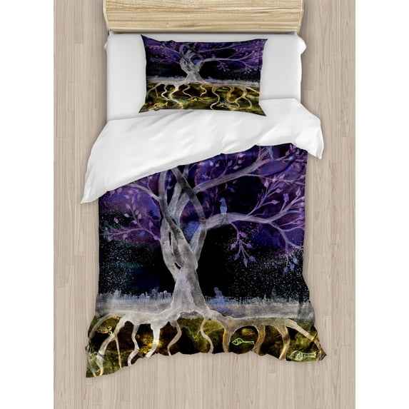 Tree of Life Twin Size Duvet Cover Set, Psychedelic Magical Mysterious Tree at Night with Birds and Fishes Home Art, Decorative 2 Piece Bedding Set with 1 Pillow Sham, Multicolor, by Ambesonne