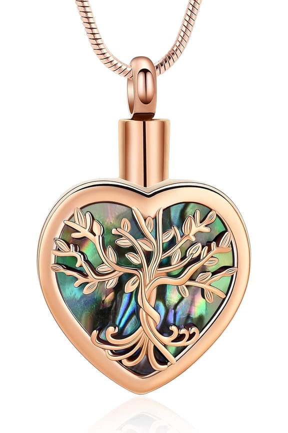 Tree of Life Urn Necklace for Ashes Heart Cremation Jewelry with Crystal / Abalone Shell Heart Urn Ashes Keepsake Necklace for Women Ashes Holder with Funnel Filler Jewelry