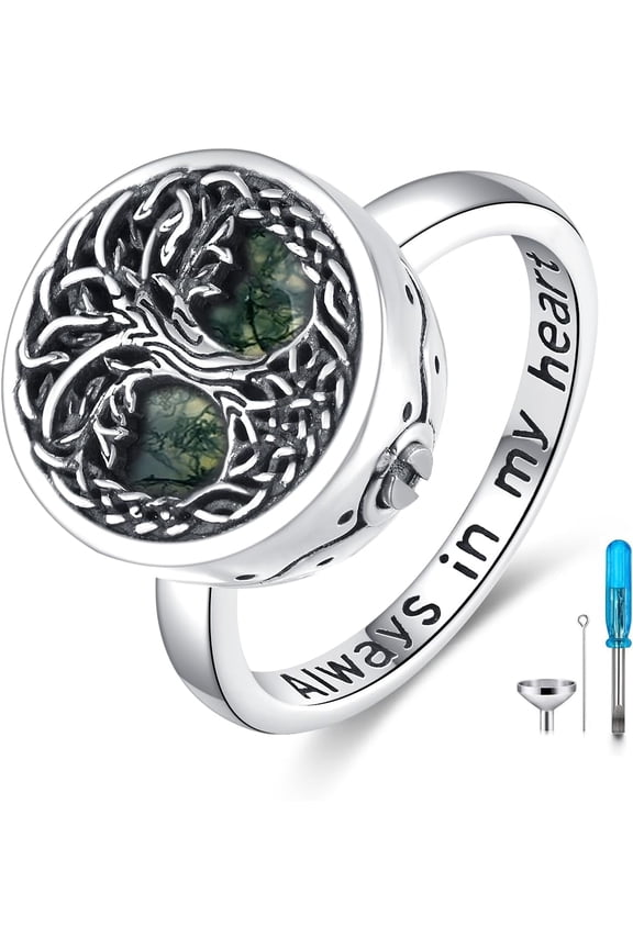 Tree of Life Urn Ring for Ashes 925 Sterling Silver Family Tree Memorial Rings with Moss Agate/Abalone Shell, Always in My Heart Cremation Keepsake Band Ring for Women Men