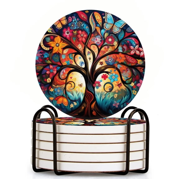 Tree Of Life With Vibrant Colors Set of 6 Ceramic Coasters with Holder, Absorbent Drink Bar Coasters, Table Coasters for Living Room Decor Tabletop Protection