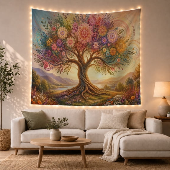Tree of Life in Vibrant Flower Meadow, Serene Boho for Nature Lovers, Fantasy Forest Decor, Housewarming Gift Tapestry Wall Hanging for Bedroom, Living Room and Dorm