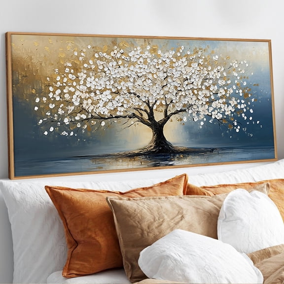 Tree of Life Wall Art Big Tree Wall Decor Framed White and Gold Leaf Wall Painting Modern Abstract Canvas Wall Prints for Living Room Bedroom Office 20X40 In