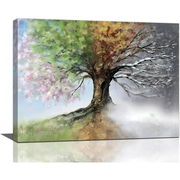 Tree of Life Wall Art Colorful Country Trees Pictures Rustic Nature Four Season Canvas Paintings Modern Artwork Home Decorations for Bathroom Living Room Bedroom Office Framed, 12''''x16''''