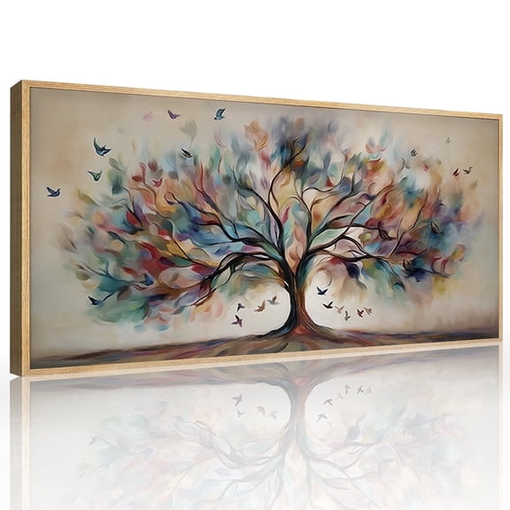 TOARTi Tree of Life Framed Canvas Wall Art Abstract Bird with Colorful Leaves Painting Nature Big Tree Decor for Living Room Bedroom Office 20x40 Inch