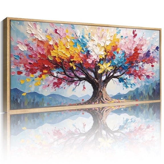 TOARTi Tree of Life Canvas Wall Art Abstract Landscape Painting with Colorful Leaves Framed Big Tree Decor for Living Room Bedroom Office 20x40 Inch
