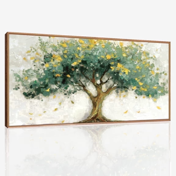 TOARTi Tree of Life Framed Canvas Wall Art Green Tree with Yellow Leaves Watercolor Painting Abstract Nature Wall Decor for Living Room Bedroom Office 20x40 Inch