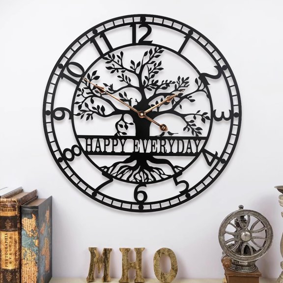 Tree of Life Wall Clock,Metal Black Large Wall Clock, 24inch Wall Clock for Living Room Bedroom Decor,Silent Mid-Century Clock,Modern Family Tree Clock