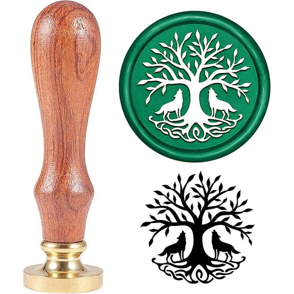 Tree of Life Wax Seal Stamp 2 Howling Wolf Under Tree Vintage Wax Stamp 30mm Sealing Stamps with Removable Brass Head Wood Handle for Party Wedding Invitation Greeting Card DIY