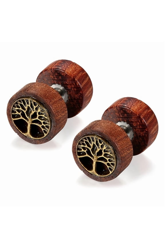 Tree Of Life Wood Stud Earrings: Vintage Stainless Steel Piercing Earrings Wood Cheater Fake Ear Plugs Christmas Gift For Women Men,Black,Wood Stainless Steel