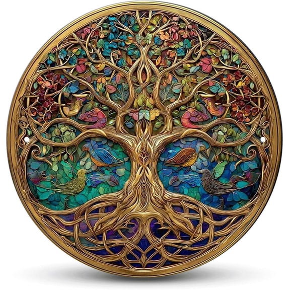 Tree of Life tin sign, Vintage Tree with Birds metal sign Print Aesthetic Room Decoration for Home Bedroom Bar Cafe Garden and Outdoor Round Wall Decor (8 inch)