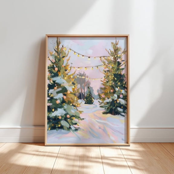 Tree Lights Poster – Snowy Pine Forestdécor, Unframed Canvas Size 16x24