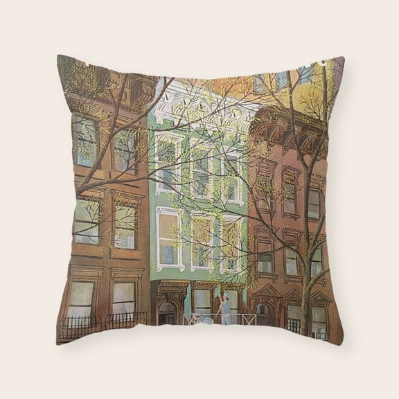 Tree-Lined Brownstone Row in Muted Brown and Sage, Polyester Velvet Throw Pillow Cover, No Insert