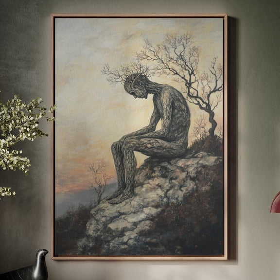 Tree Man At Sunset On Cliff - Surreal Nature-Inspired Poster Wall Art With Emotional And Ic For Unique Decor Art