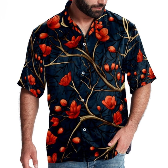 Tree Men's Button Down Hawaiian Poplin Shirt Summer Beach Printed Casual Short Sleeve Unisex Shirts