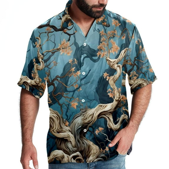 Tree Men's Short Sleeve Beach Shirts, Casual Printed Button Down, Summer Unisex Spread Collar Tops