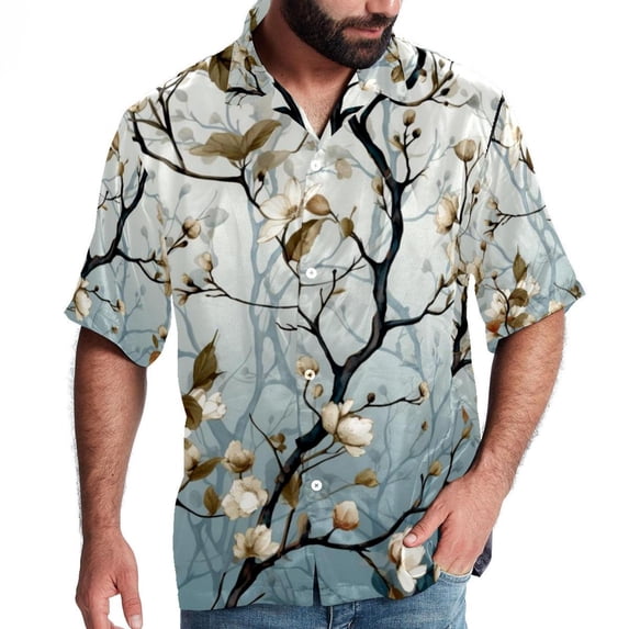 Tree Men's Short Sleeve Button Down Poplin Hawaiian Shirt for Summer Beach, Casual Printed Unisex Style