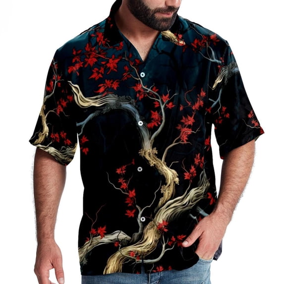 Tree Men's Short Sleeve Hawaiian Poplin Shirt, Casual Printed Button Down Summer Beach Shirts - Unisex