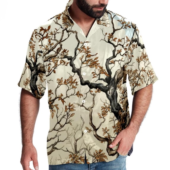 Tree Men's Short Sleeve Poplin Button Down Hawaiian Printed Summer Beach Shirt, Unisex