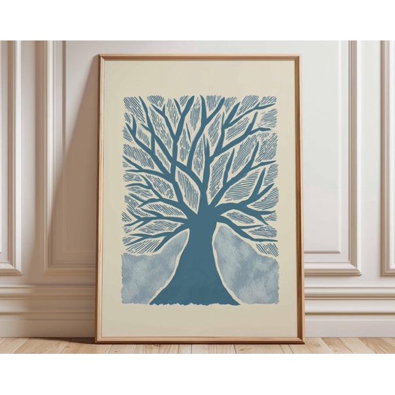 Tree Modern Nature Minimalist Botanical Blue Abstract Tree Wall Art Print, Unframed Paper Poster 8x10in