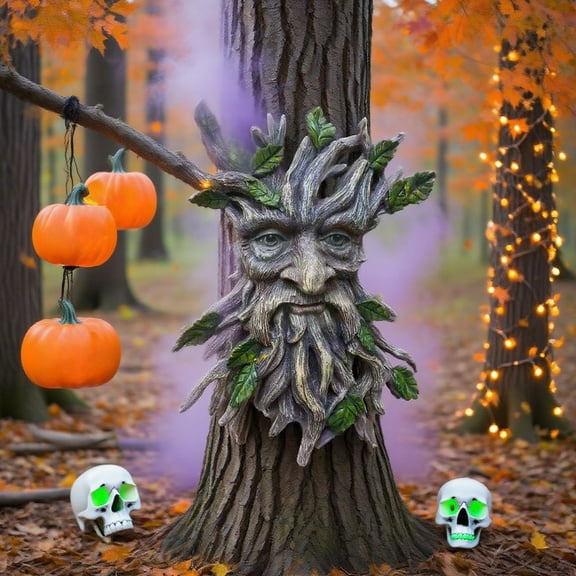 Tree Monster Wall Sculpture, Resin Halloween Decor, Garden Yard Art, Outdoor Patio Face Ornament for Spooky Ambiance