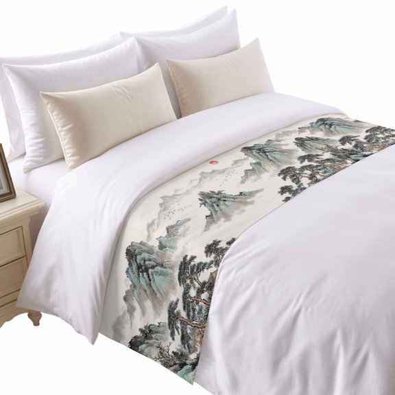 Tree Mountain Bed Runner for King Size Bed, Oriental Traditional Ink Painting Landscape Soft Bedding Scarf Bedding Protector Slipcover Sofa Throw for Bedroom Hotel Guesthouse