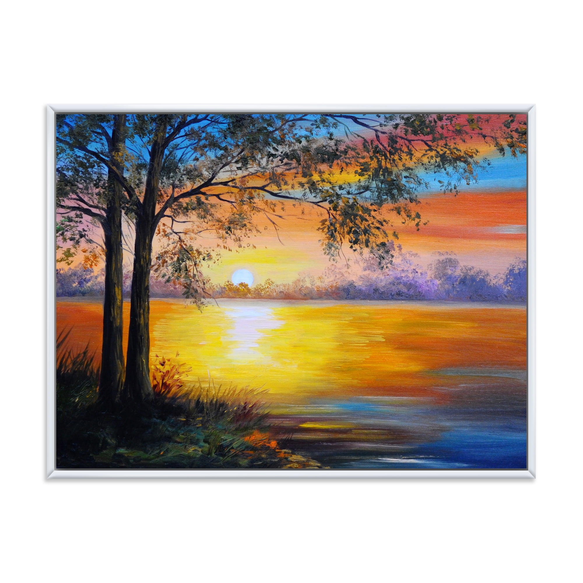 Tree Near The Lake in Evening 32 in x 24 in Framed Painting Canvas Art Print, by Designart