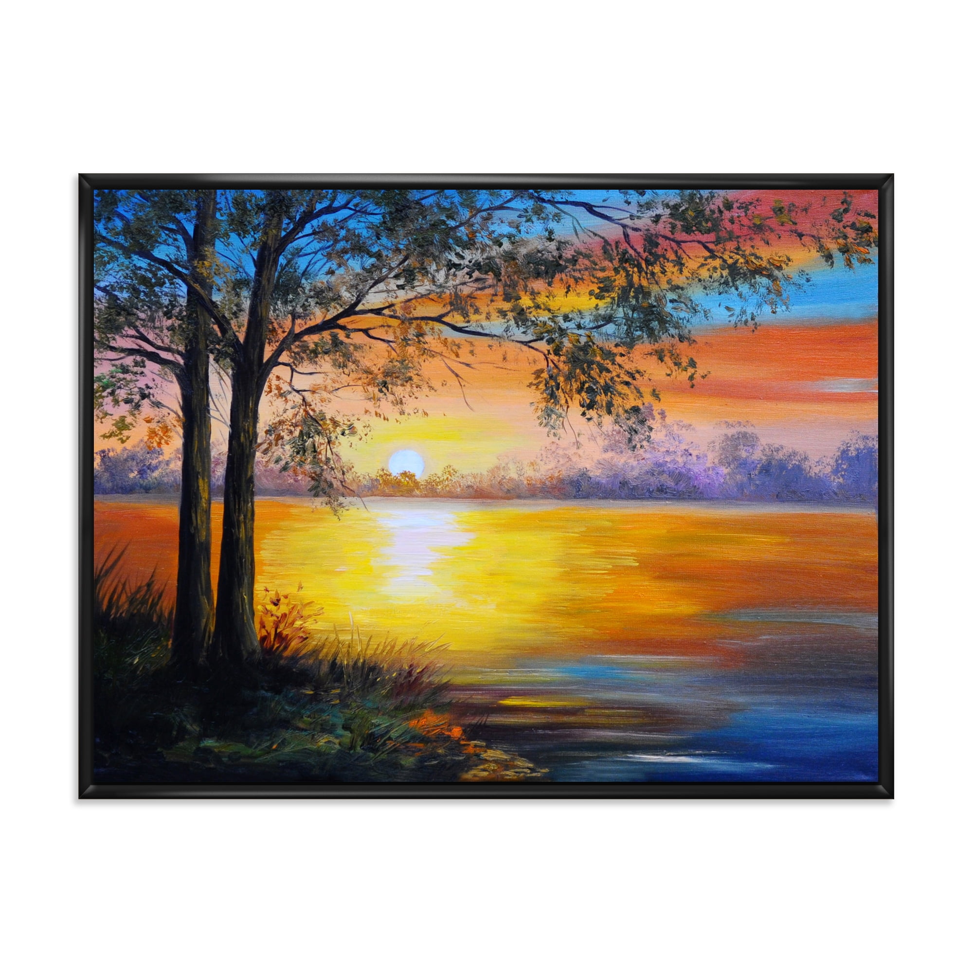 Tree Near The Lake in Evening 40 in x 30 in Framed Painting Canvas Art Print, by Designart