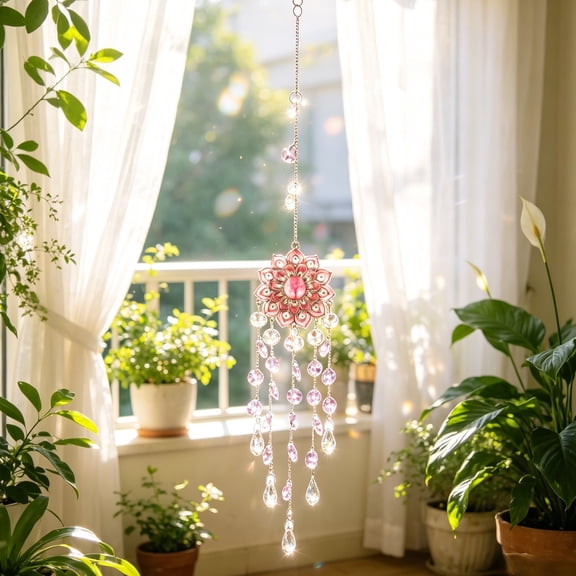 Tree Of Blessing Crystal Suncatcher Wind Chime Colorful Glass Hanging Ornament Garden Birthday Home Party Decor,Pink