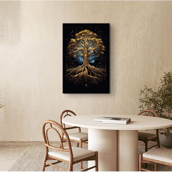 Tree Of Life Black And Gold Mystical Nature Fantasy Night Sky Decor Sacred Roots Artwork, Unframed Poster