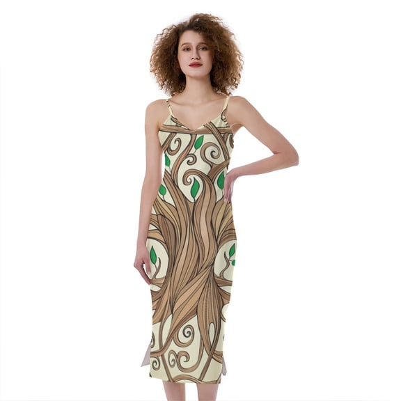 Tree Of Life Celtic Symbol Print Slim Fit Midi Cami Dress, Irish St. Patrick'S Day Fashion Summer Maxi Sexy Casual Dress For Women