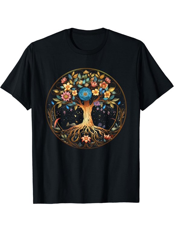 Tree Of Life Circle Women Flowers Illustration Cottagecore T-Shirt Size S-5XL